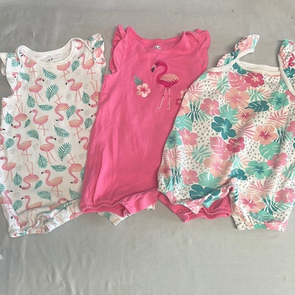 Rococo - set of 3 Pink and White Rompers with tropical flamingo design - Picture 1 of 5
